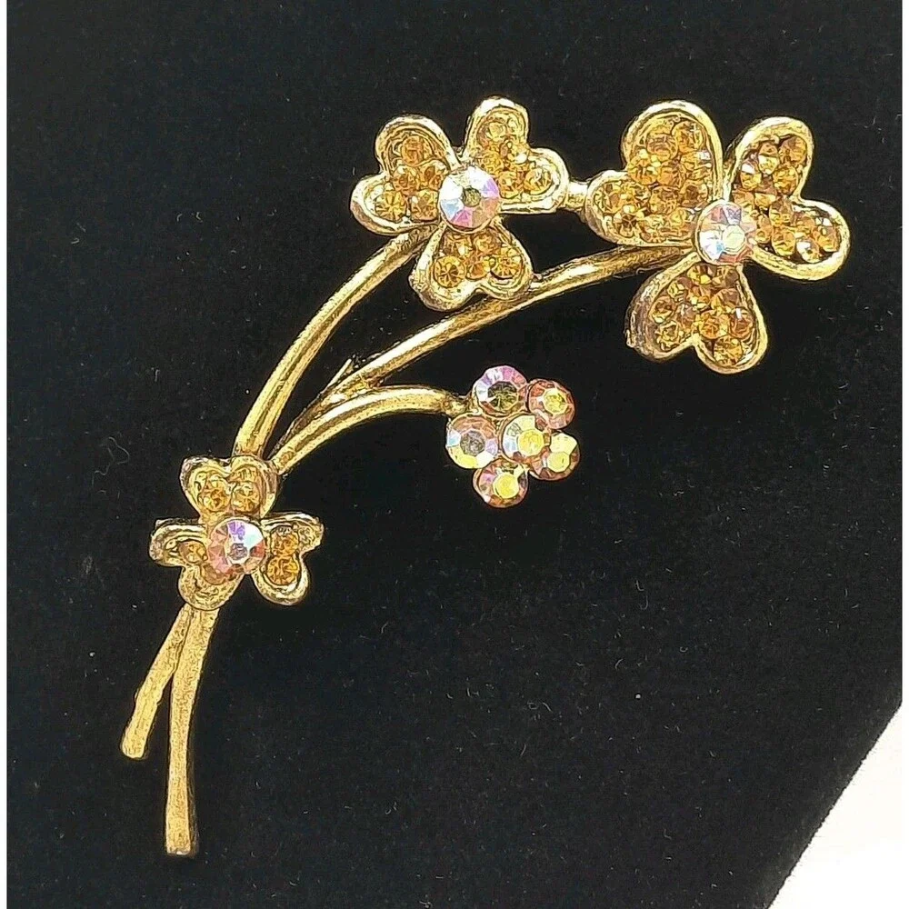 Vtg Floral Bouquet Brooch Pin Amber Aurora Borealis AB Rhinestone Gold Tone MCM